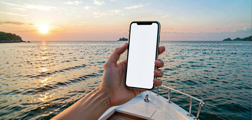 Hand holding a smart phone with a white screen in front of a blurred background