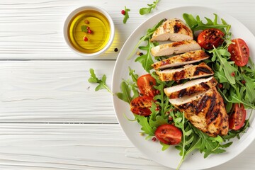 Wall Mural - Healthy green vegetable salad with grilled chicken breast fillet on ceramic plate with olive oil on the side on white wooden kitchen table top view flat lay, diet food concept with space for text.