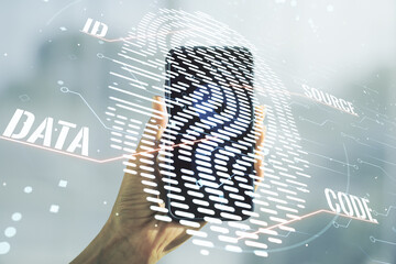 Aufkleber - Multi exposure of abstract fingerprint scan interface and hand with cellphone on background, digital access concept