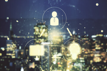 Poster - Abstract virtual social network hologram on blurry skyscrapers background. Double exposure