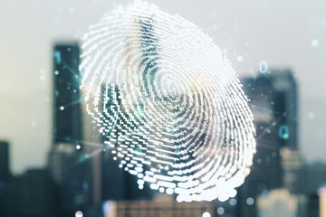 Poster - Abstract virtual fingerprint illustration on blurry skyscrapers background, personal biometric data concept. Multiexposure