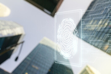 Aufkleber - Double exposure of virtual creative fingerprint hologram on blurry cityscape background, protection of personal information concept