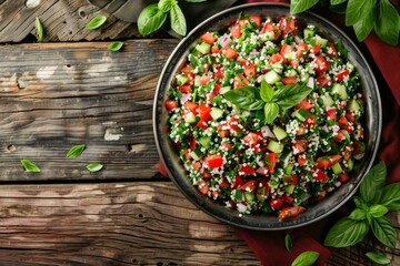Wall Mural - Middle eastern and Mediterranean traditional vegetable salad tabbouleh with couscous on rustic metal plate and wooden background from above. Arab Turkish food.