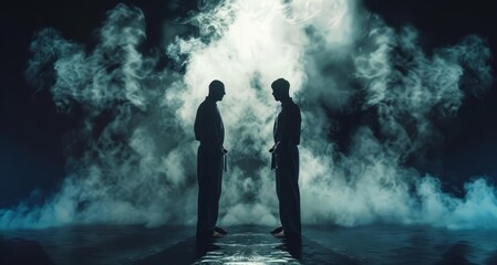 Wide-angle view, two martial arts masters standing, bowing to each other, dark smoke background, photorealistic, high contrast, dramatic lighting, ample copyspace