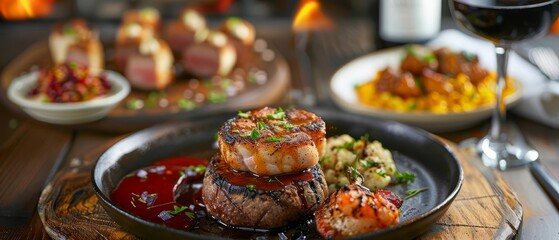 Close up of a gourmet meal with steak, scallops, and sauce.