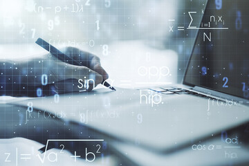 Aufkleber - Double exposure of creative scientific formula concept with hand writing in notebook on background with laptop, research and development concept