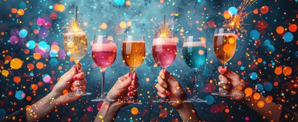 Wall Mural - Celebration with Sparkling Wine and Colorful Lights