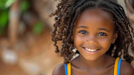 Wall Mural - Young African girl, with  strands of long curly hair, big eyes and very friendly smile. 