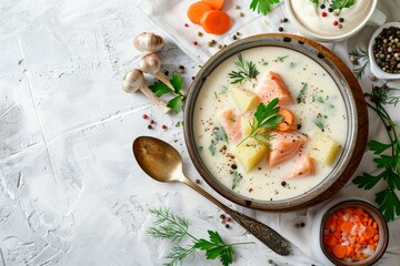 Wall Mural - Salmon soup with potatoes, carrot, cream. Scandinavian/Norwegian fish soup in bowl, cutting board, spoon, rustic white concrete background. Space for text. Salmon soup for dinner. Top view. Close-up