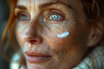 Poster -  Close-up on positive senior, elderly woman face, cheek with drop of with cream on it, focus on cream, detailed skin texture