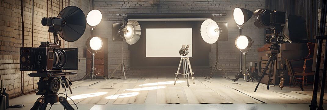 Retro-inspired film studio setup with classic movie-making equipment, including old cameras, lights, and film reels, evoking nostalgia and the golden age of cinema.
