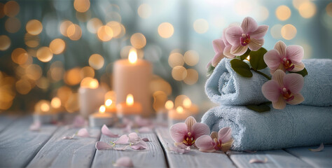 Wall Mural -  blurred and bokeh background with Towels , Candles, Orchid, Spa setting and white wooden table flooring 