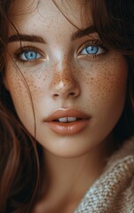 Wall Mural - close up of beautiful woman, 20 years old, long, chic hair, freckle, blue eyes, white background