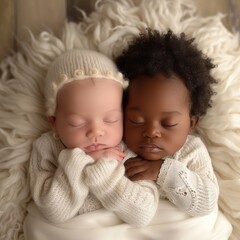 Poster - white and black newborn laying together 