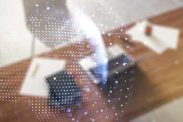 Poster - Multi exposure of abstract graphic world map and modern desk with computer on background, connection and communication concept