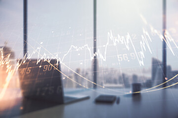 Poster - Multi exposure of abstract financial diagram and modern desk with computer on background, banking and accounting concept