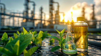 Flasks with biofuel and greenery in foreground, industrial refinery in background at sunrise symbolizing renewable energy and sustainability.