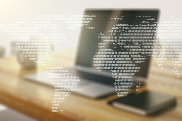 Poster - Double exposure of abstract digital world map and modern desktop with laptop on background, research and strategy concept