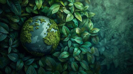 Wall Mural - A creative illustration of a globe covered in green foliage, highlighting the importance of environmental conservation on the web of life.