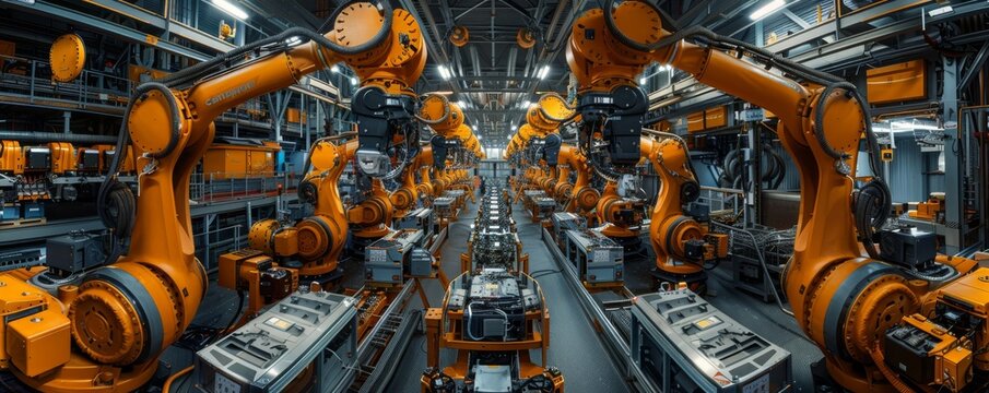 Modern car manufacturing assembly line with robotic arms in a factory