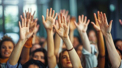 A multitude of raised hands from a lively crowd, exuding excitement and participation, set in a vibrant and dynamic indoor environment full of positive energy.