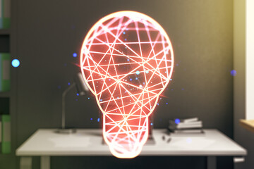 Poster - Creative idea concept with light bulb illustration and modern desktop with computer on background. Multiexposure