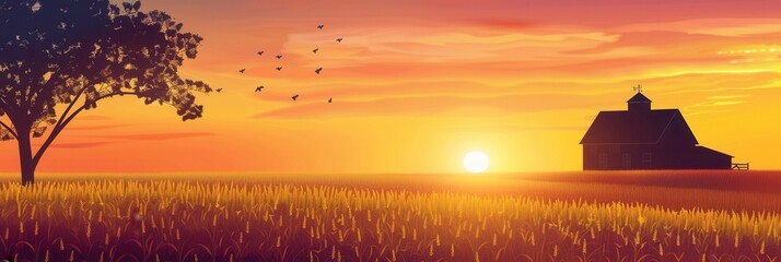 Poster - A serene image of a farmhouse silhouette against a vibrant sunset sky, capturing the beauty of rural life. Ideal for promoting agritourism and farm products. Generative AI