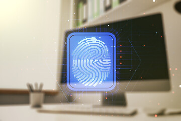 Aufkleber - Double exposure of abstract creative fingerprint hologram and modern desk with computer on background, protection of personal information concept
