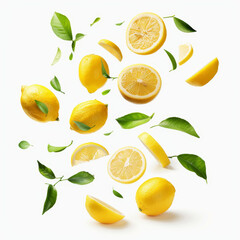 A creative set featuring fresh raw whole and cut lemons with green leaves, suspended in the air against a white background. This high-resolution image captures the concept of food levitation.