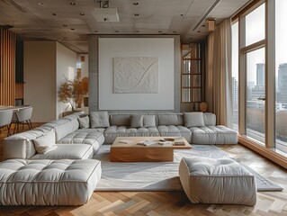 Poster - Minimalist living room with sleek gray sofas and large city skyline window backdrop