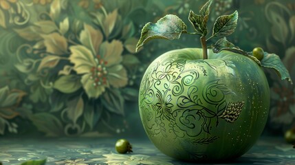 Wall Mural - An artistic illustration of a green apple with intricate patterns and designs, showcasing the beauty of natural forms in art.