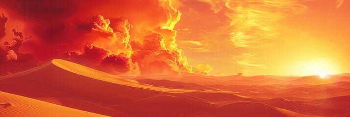 Poster - A stunning landscape photo featuring golden sunset hues illuminating towering desert sand dunes. Generative AI
