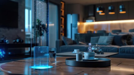 Wall Mural - Closeup of a hightech home assistant hologram in a sleek modern room, with room for copy