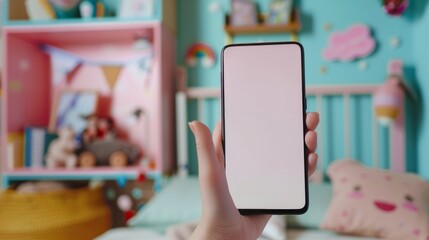 Hand holding an isolated smartphone device with blank empty white screen