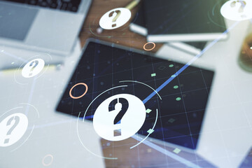 Aufkleber - Creative concept of question mark illustration and modern digital tablet on background, top view. FAQ and search concept. Multiexposure