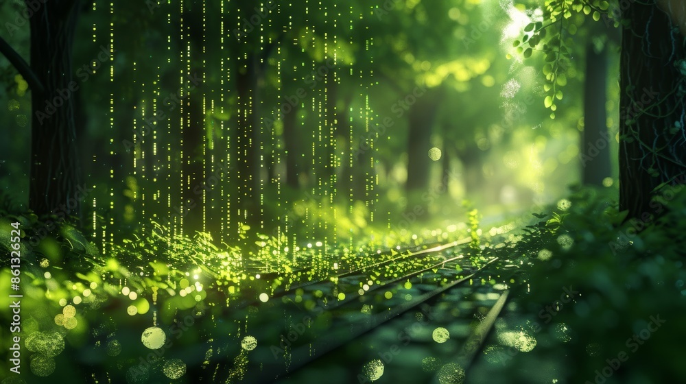 Forest Background Code A futuristic illustration of a holographic green code projecting the ...