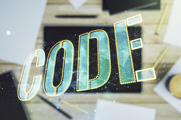 Aufkleber - Creative Code word sign and modern digital tablet on desktop on background, top view, international software development concept. Multiexposure