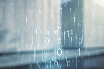 Poster - Abstract virtual binary code illustration on blurry modern office building background. Big data and coding concept. Multiexposure