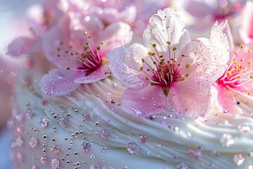 Poster - a wedding white cake with cherry blossom flowers with silvered shinning motifs