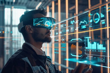 Wall Mural - Wearing augmented reality glasses, a businessman stands in his minimalist-decorated office, where financial data and dynamic graphs hover in his view, enhancing his ability to stra