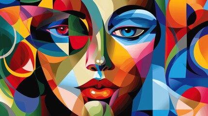 Wall Mural - Abstract image of female human face looking at camera in cubism style. Portrait artistic image of beautiful cute woman with red lip with colorful color. Digital artwork concept. Focus on face. AIG42.