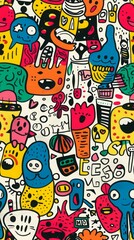 A colorful and abstract drawing of many different characters