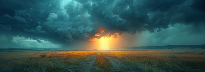 Sticker - Lightning Storm Over a Field of Flowers