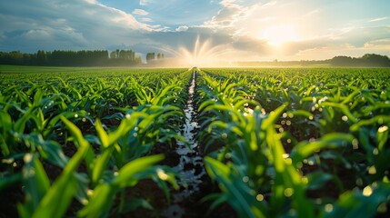 A field of lush green plants with an irrigation system spraying water in the middle. The sun is setting in the background, creating a warm and golden glow.