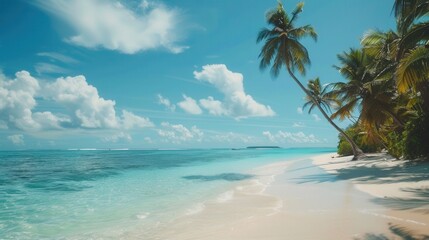 Poster - A picture-perfect tropical beach with pristine white sand, clear turquoise waters, and lush palm trees swaying gently in the breeze. Generative AI