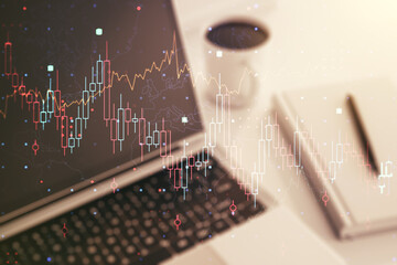 Poster - Double exposure of abstract creative financial chart on modern laptop background, research and strategy concept