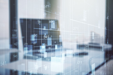 Poster - Multi exposure of creative statistics data hologram on laptop background, stats and analytics concept