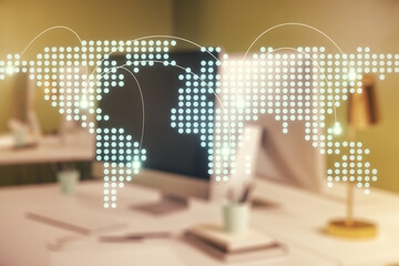Aufkleber - Abstract creative world map with connections on modern laptop background, international trading concept. Multiexposure