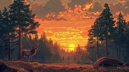 Wall Mural - A lone deer in the forest at sunset in spring