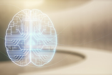 Poster - Virtual creative artificial Intelligence hologram with human brain sketch on empty corporate office background. Multiexposure